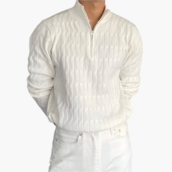 Men's cable knit half zip jumper in white – Paxton – front view