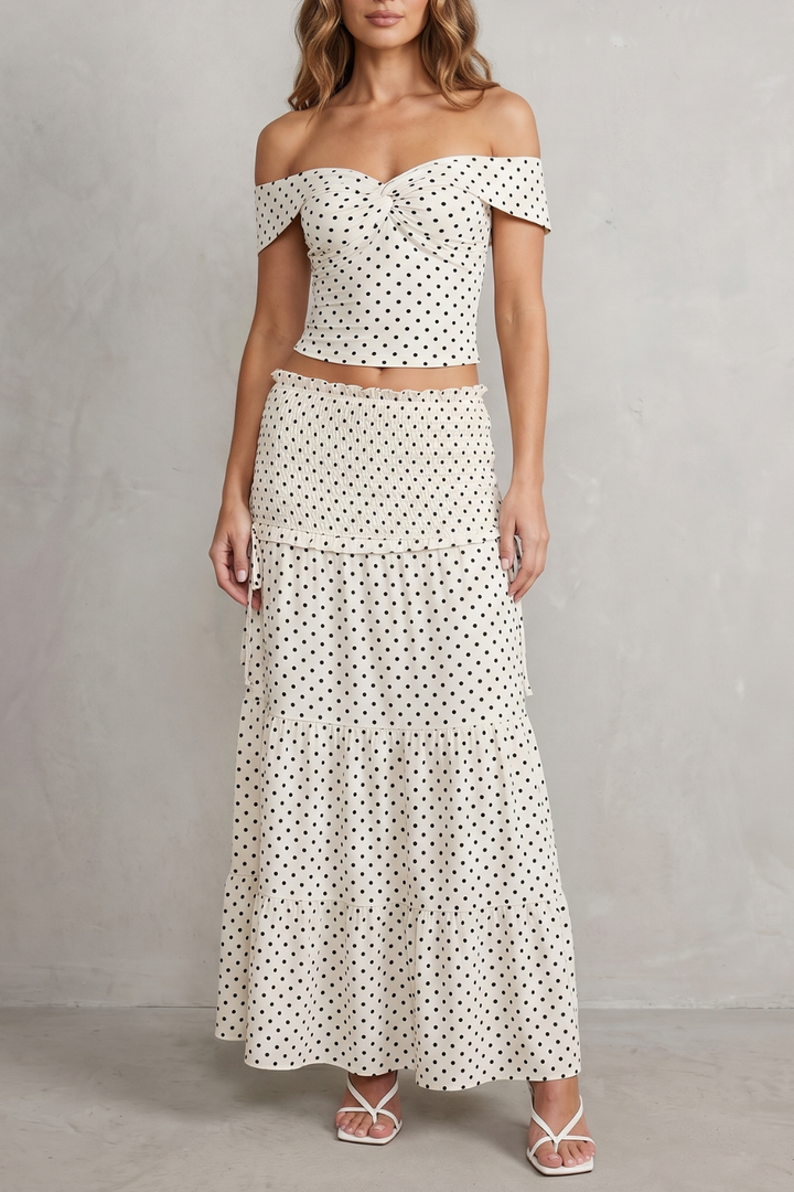 Women's Polka Dot Off Shoulder Top and Skirt Set - Brialle