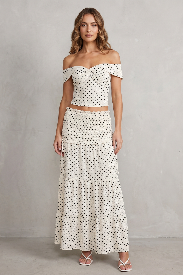 Women's Polka Dot Off Shoulder Top and Skirt Set - Brialle