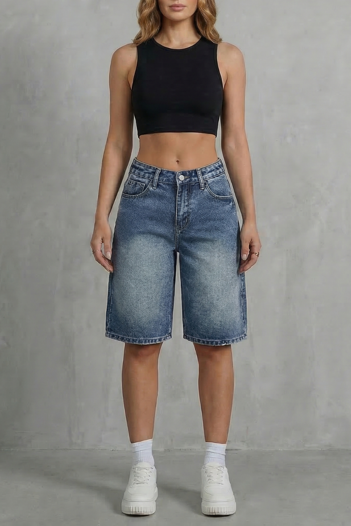 Women's High Waisted Denim Shorts in Vintage Wash - Adelise