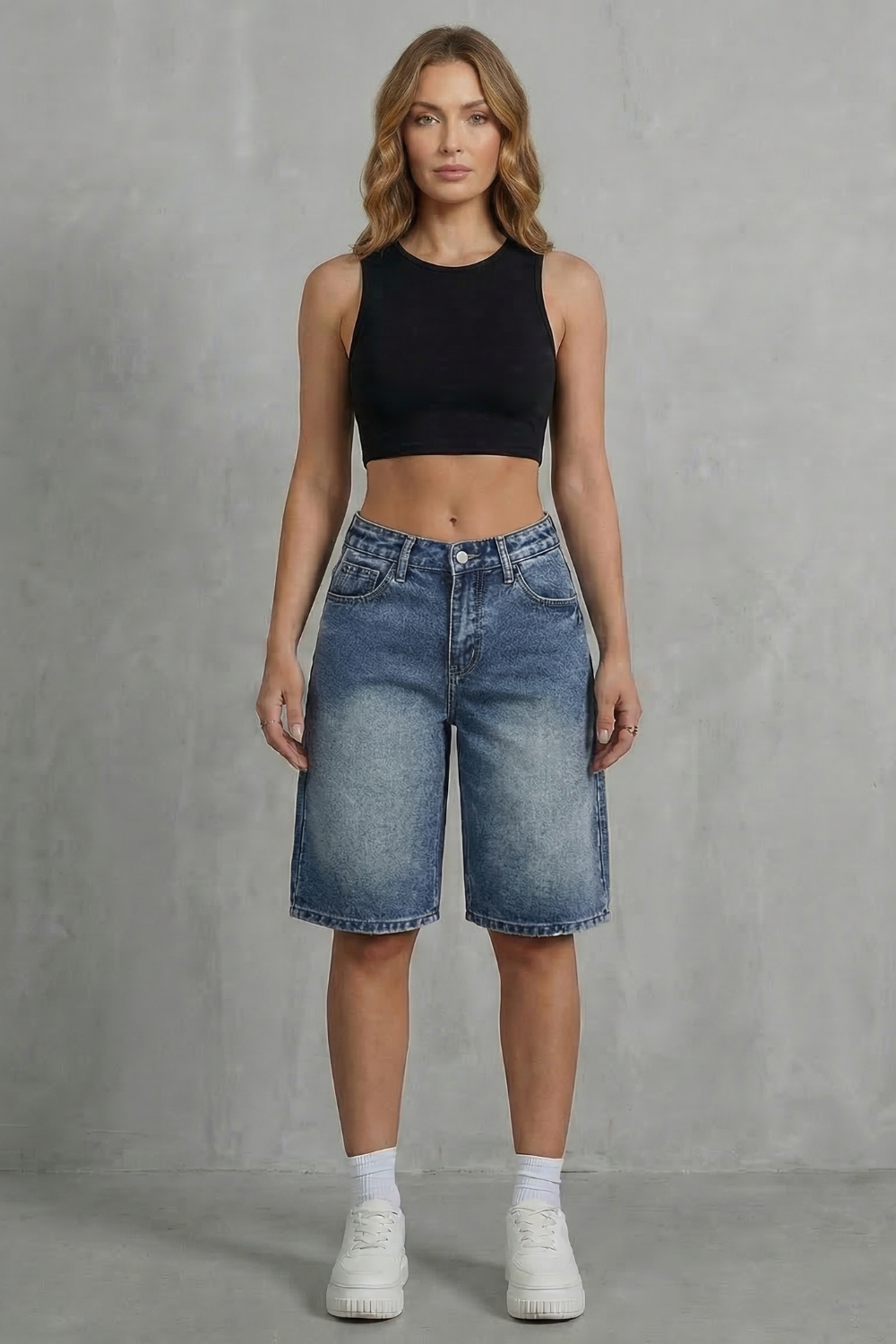 Women's High Waisted Denim Shorts in Vintage Wash - Adelise
