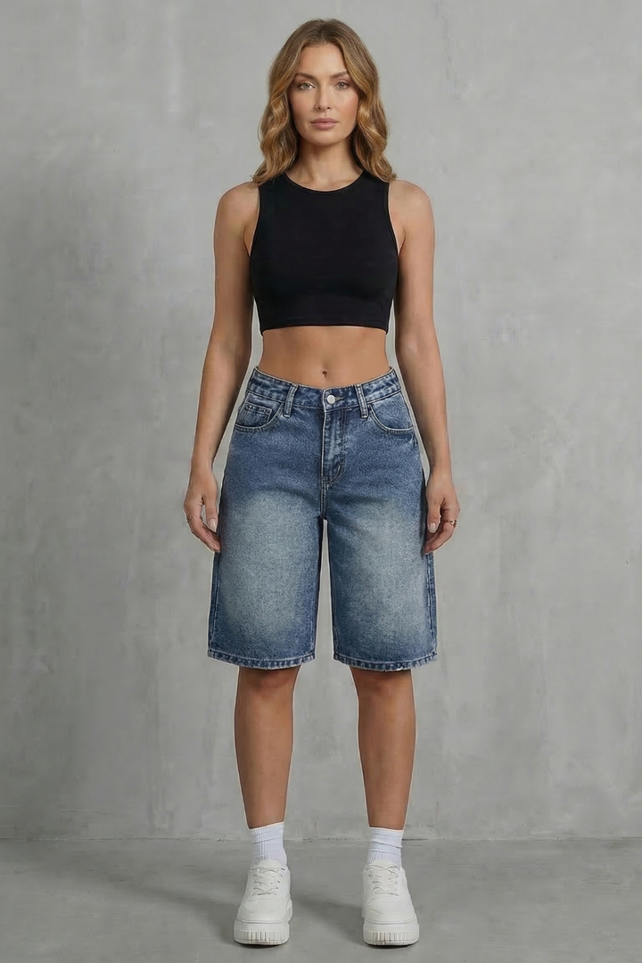 Women's High Waisted Denim Shorts in Vintage Wash - Adelise