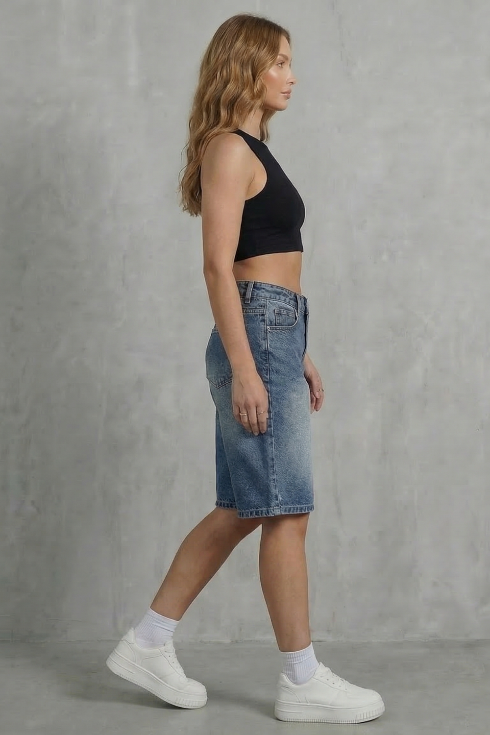 Women's High Waisted Denim Shorts in Vintage Wash - Adelise