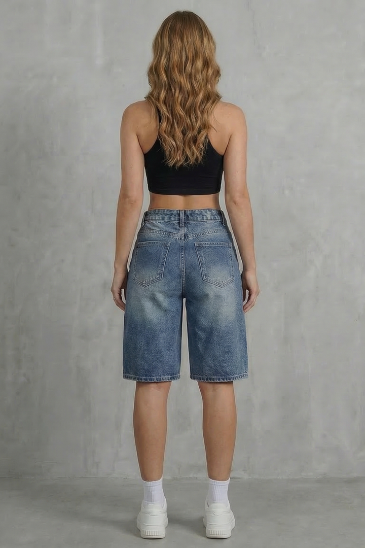 Women's High Waisted Denim Shorts in Vintage Wash - Adelise