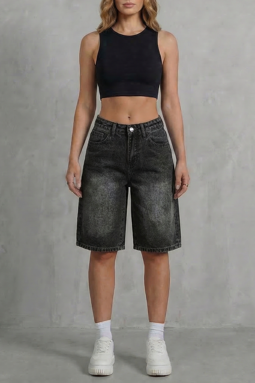 Women's High Waisted Denim Shorts in Vintage Wash - Adelise