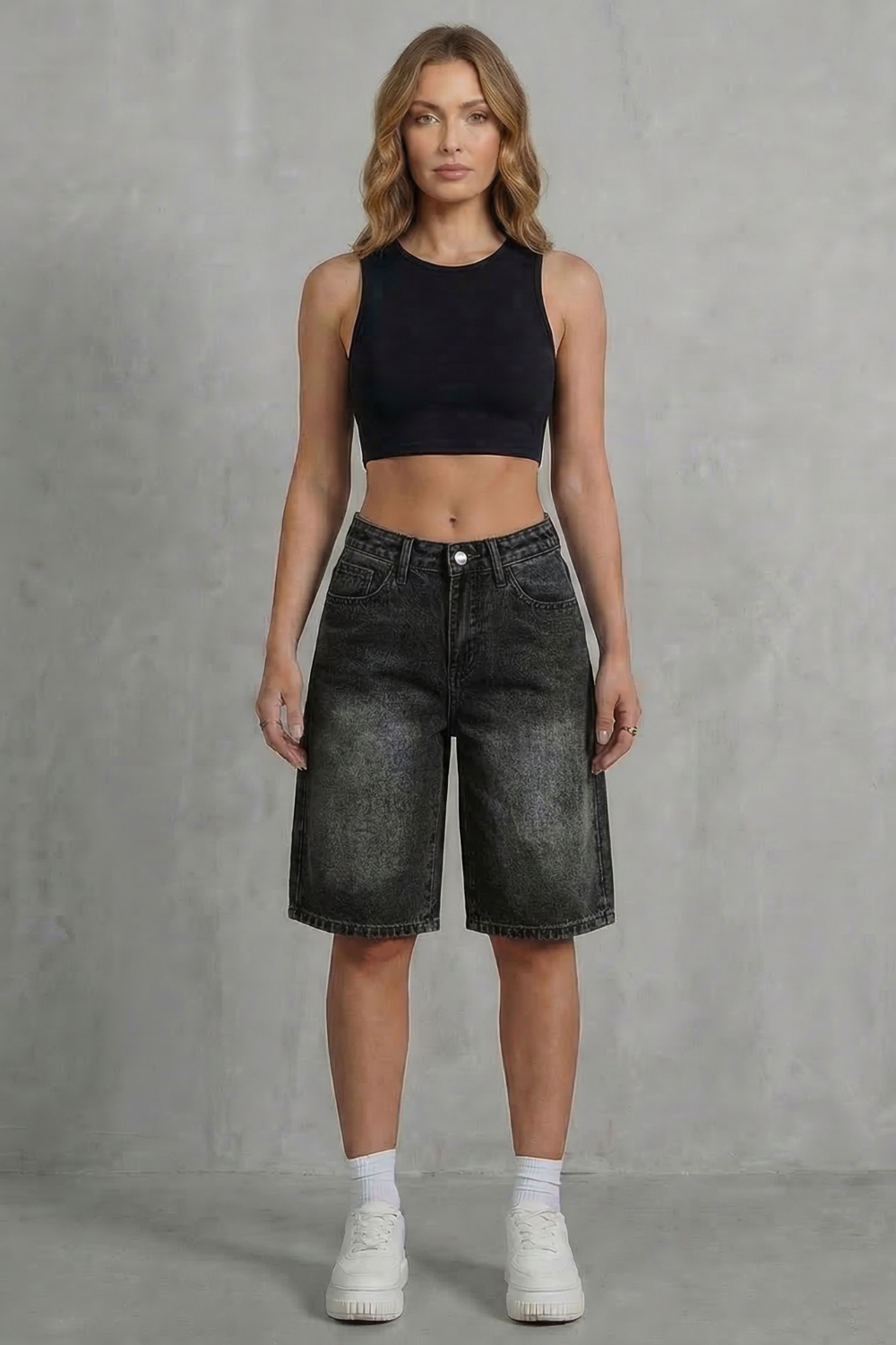 Women's High Waisted Denim Shorts in Vintage Wash - Adelise