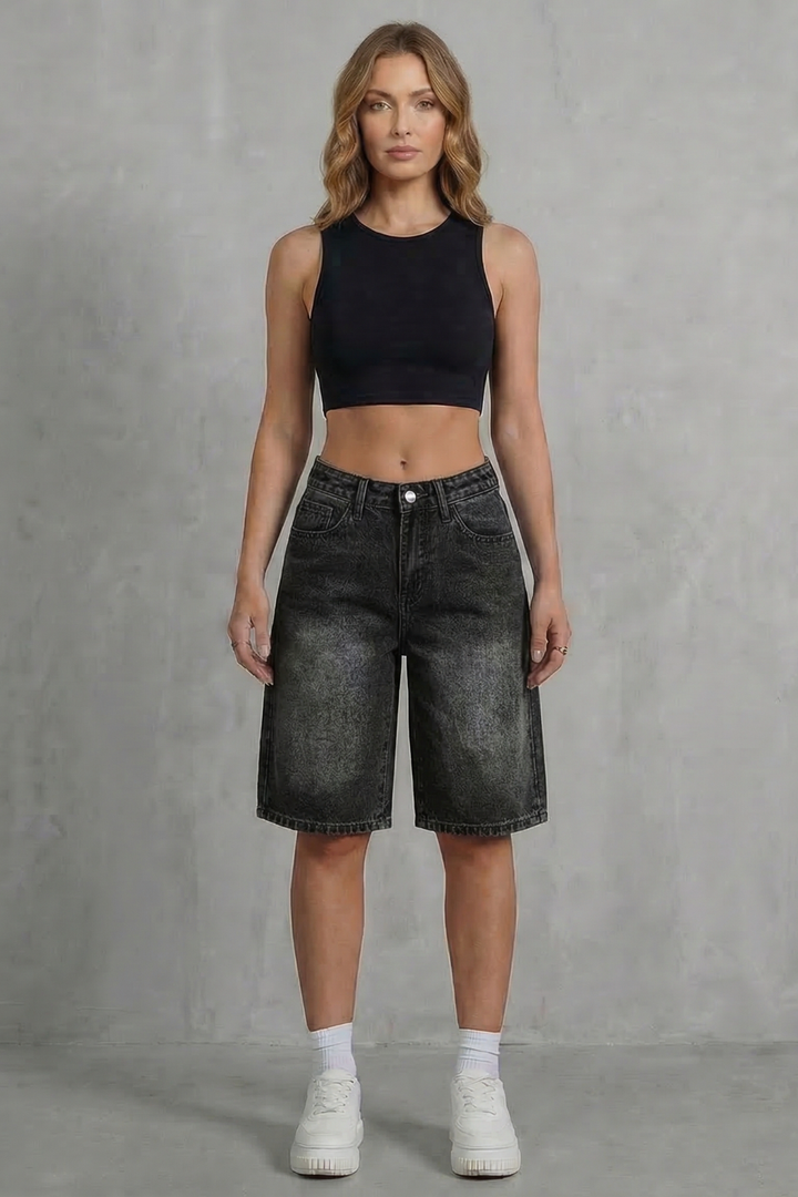 Women's High Waisted Denim Shorts in Vintage Wash - Adelise