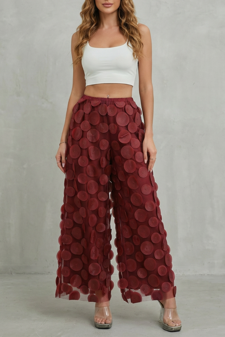 Women's Wide Leg Trousers with 3D Appliqué - Rubienne