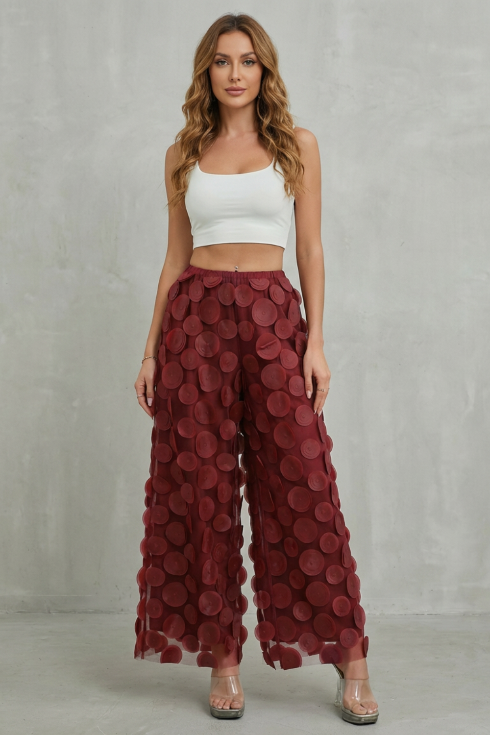 Women's Wide Leg Trousers with 3D Appliqué - Rubienne