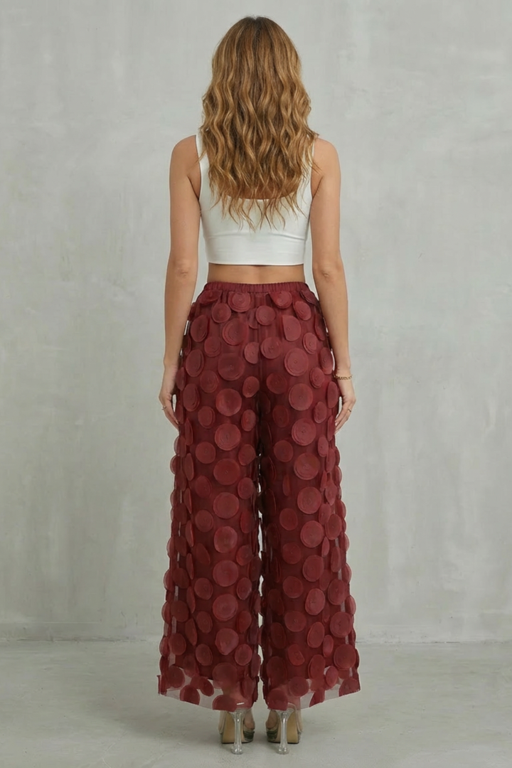 Women's Wide Leg Trousers with 3D Appliqué - Rubienne