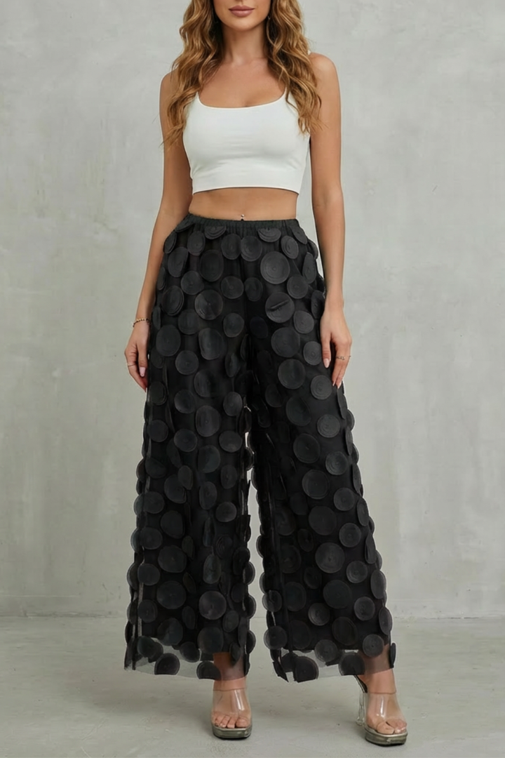 Women's Wide Leg Trousers with 3D Appliqué - Rubienne