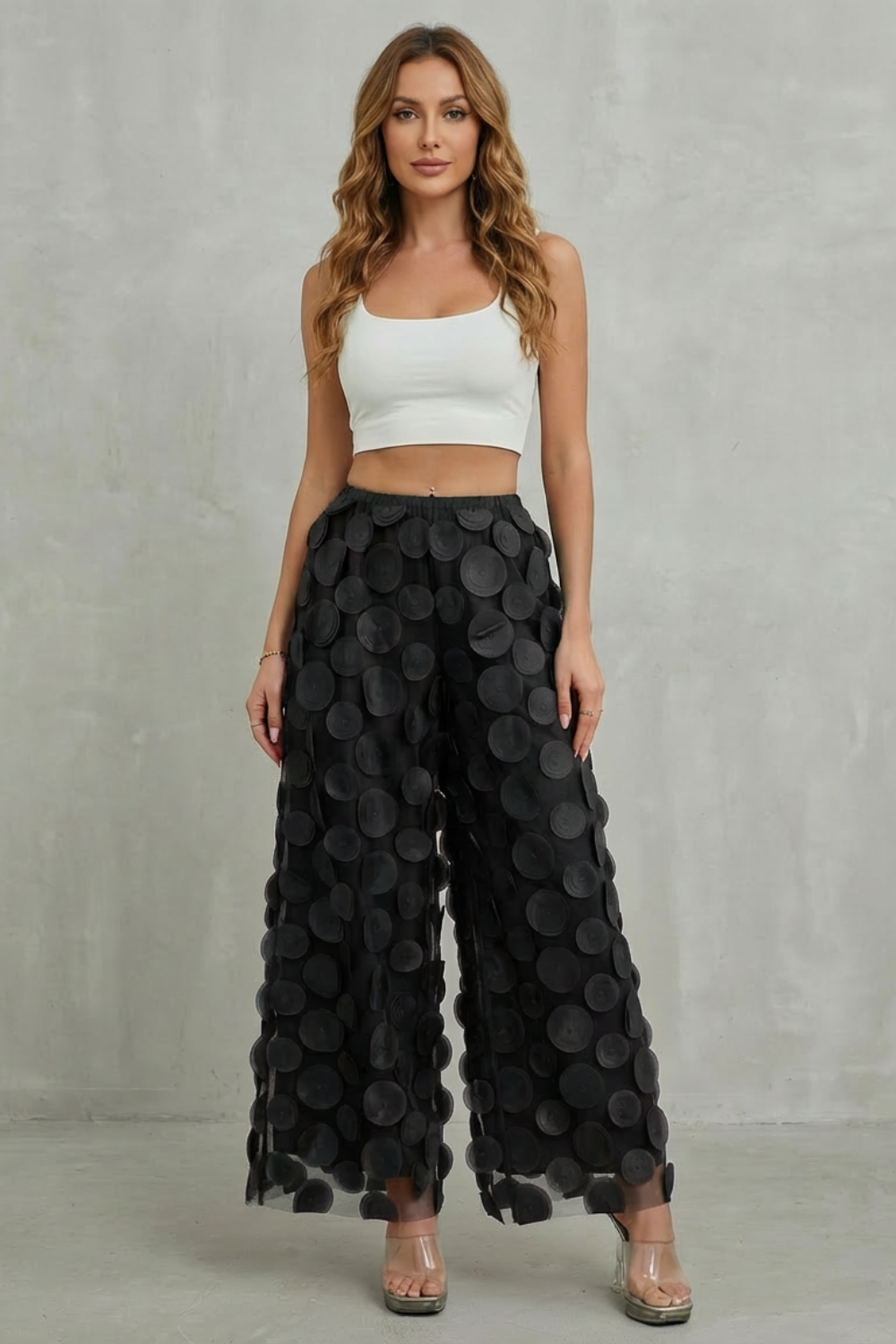 Women's Wide Leg Trousers with 3D Appliqué - Rubienne