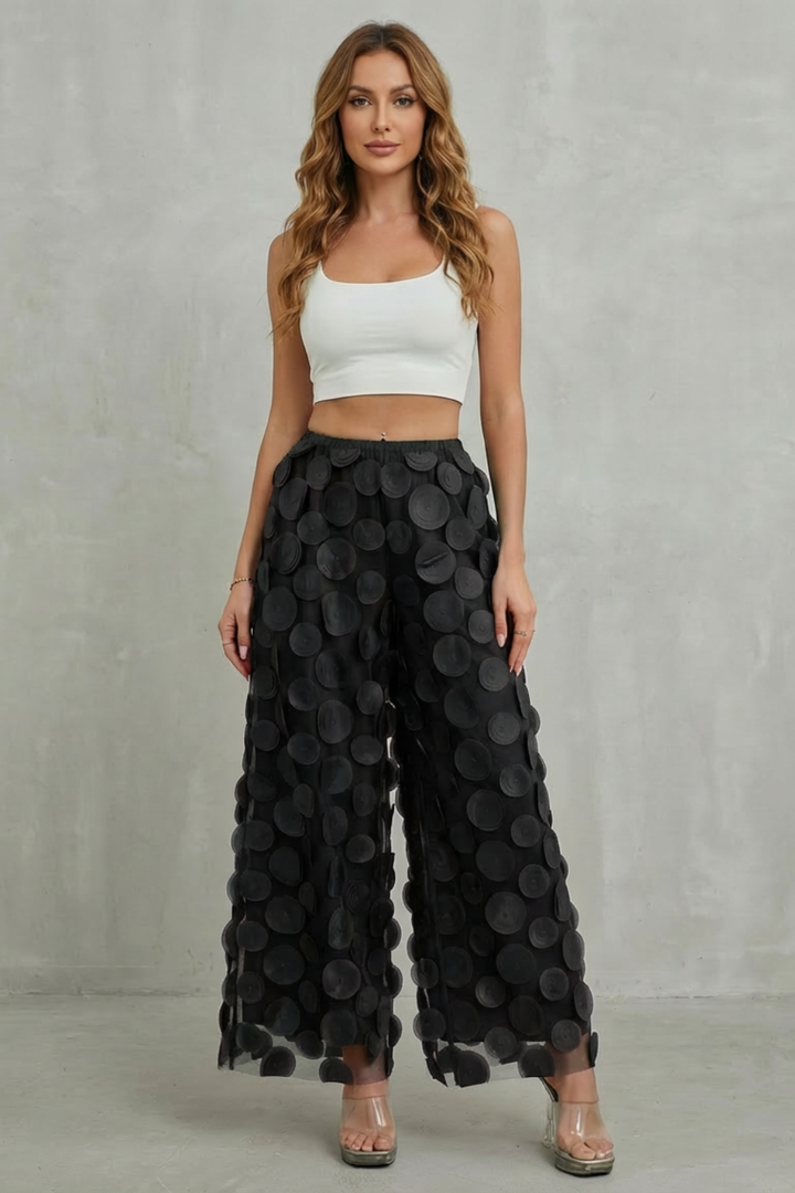 Women's Wide Leg Trousers with 3D Appliqué - Rubienne
