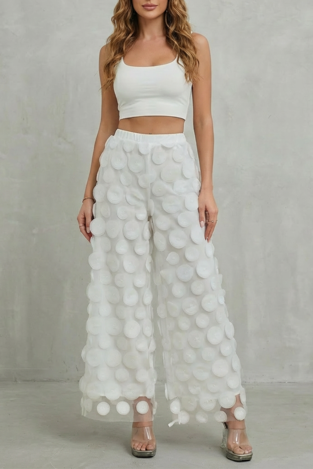 Women's Wide Leg Trousers with 3D Appliqué - Rubienne