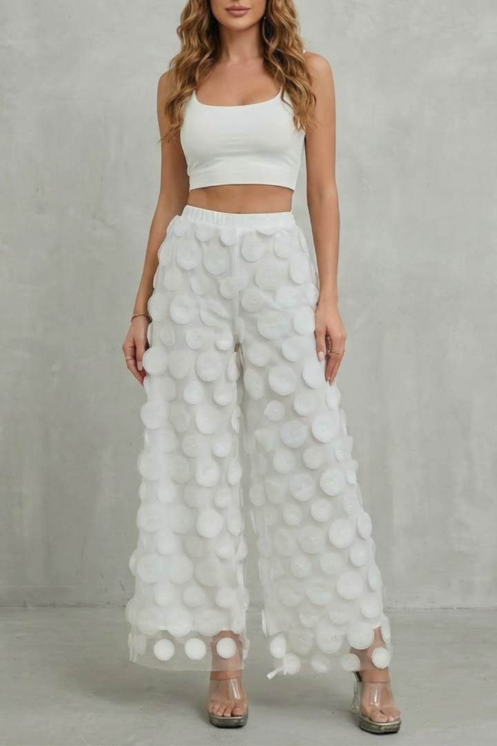 Women's Wide Leg Trousers with 3D Appliqué - Rubienne