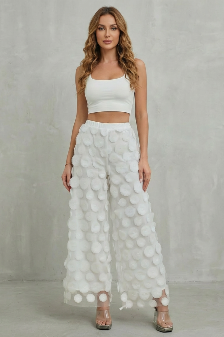 Women's Wide Leg Trousers with 3D Appliqué - Rubienne