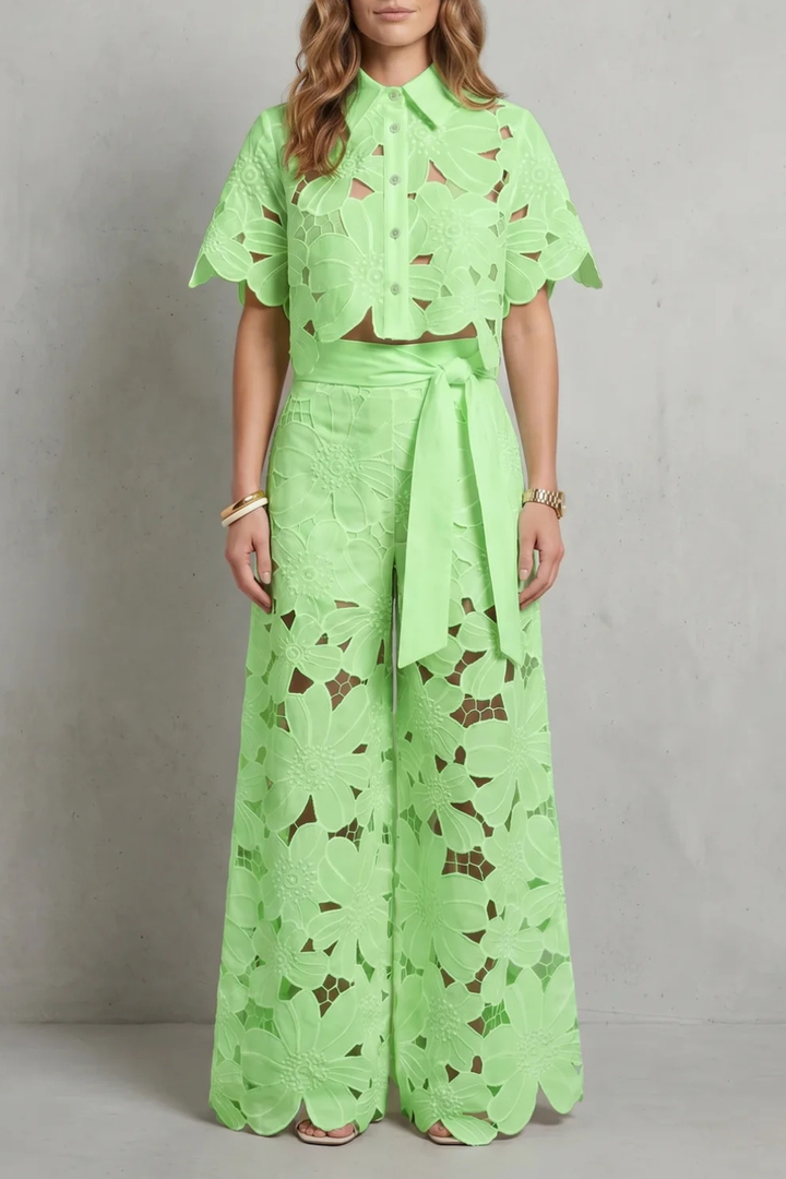 Women's Embroidered Lace Top and Skirt Co-ord Set - Aurmelle