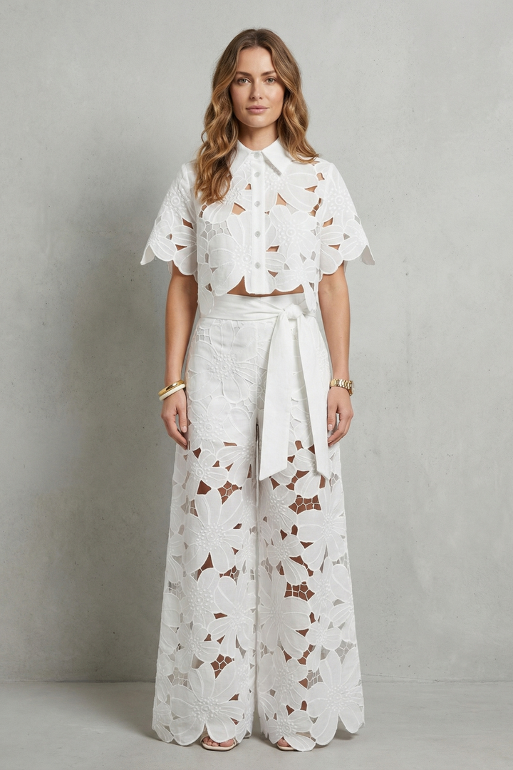 Women's Embroidered Lace Top and Skirt Co-ord Set - Aurmelle