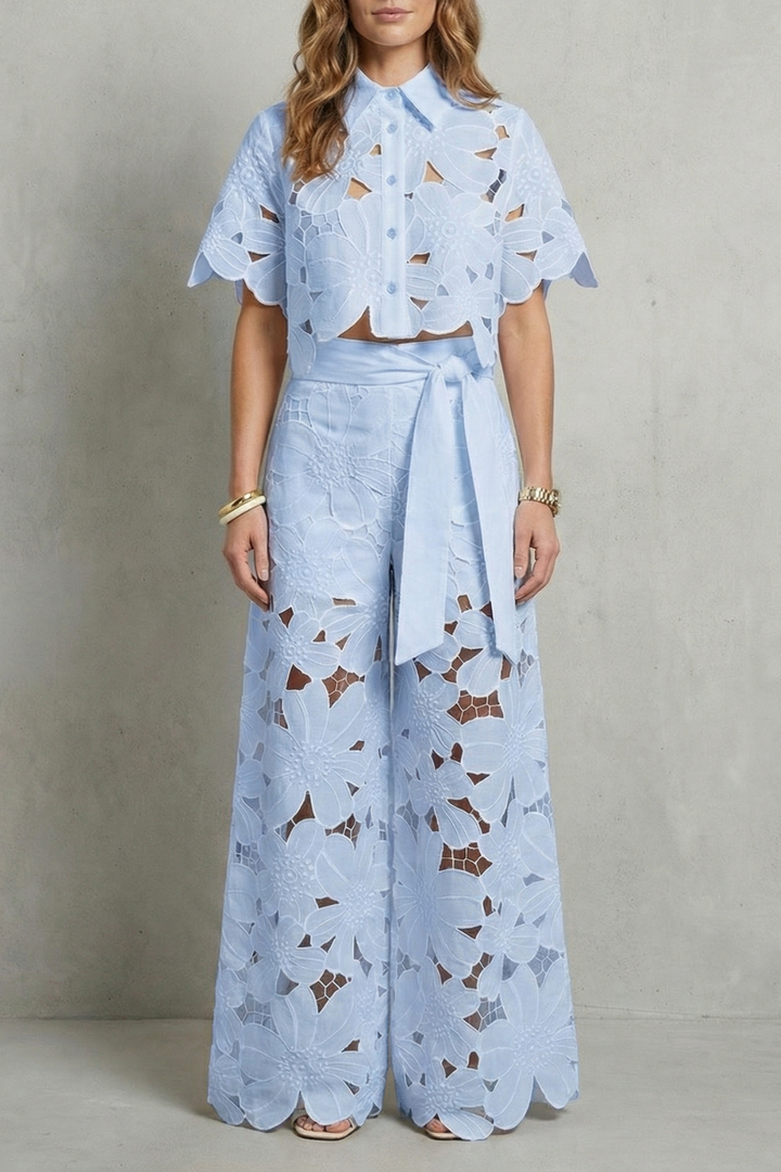 Women's Embroidered Lace Top and Skirt Co-ord Set - Aurmelle