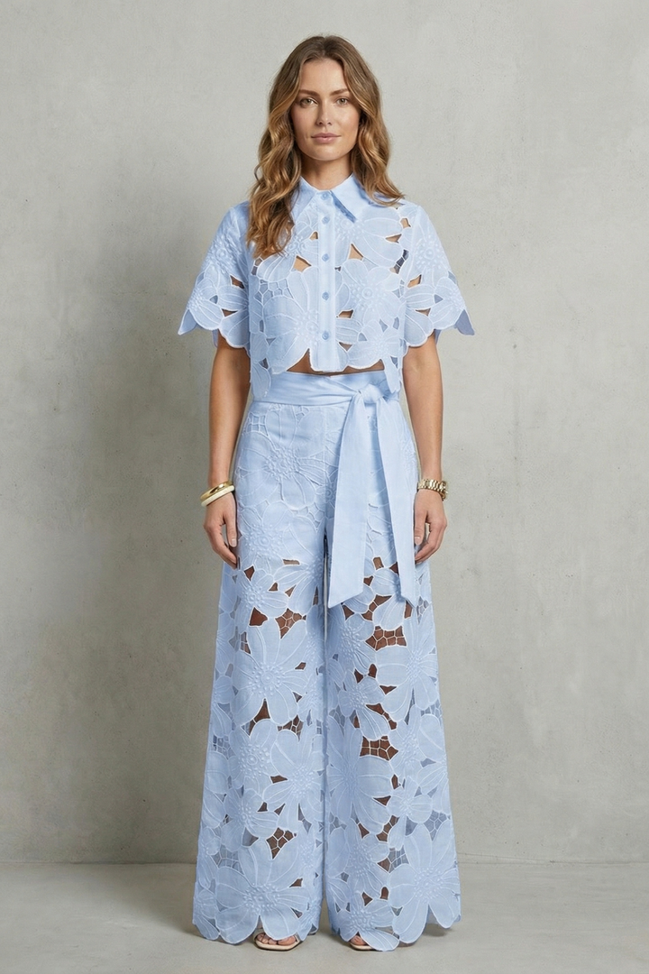 Women's Embroidered Lace Top and Skirt Co-ord Set - Aurmelle