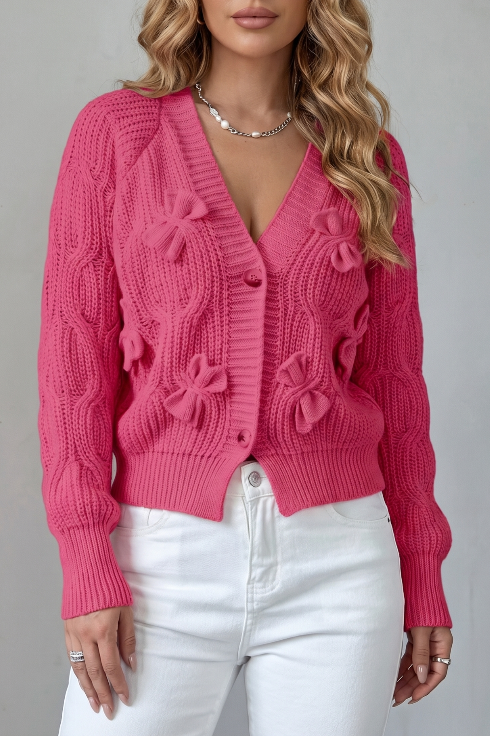 Women's Knitted Bow Cardigan with Button Front - Suvienne