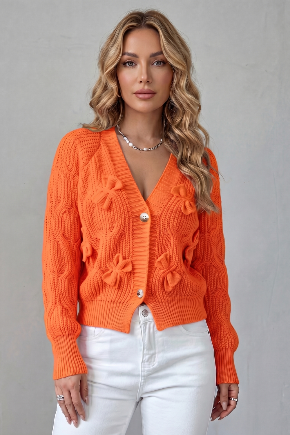 Women's Knitted Bow Cardigan with Button Front - Suvienne
