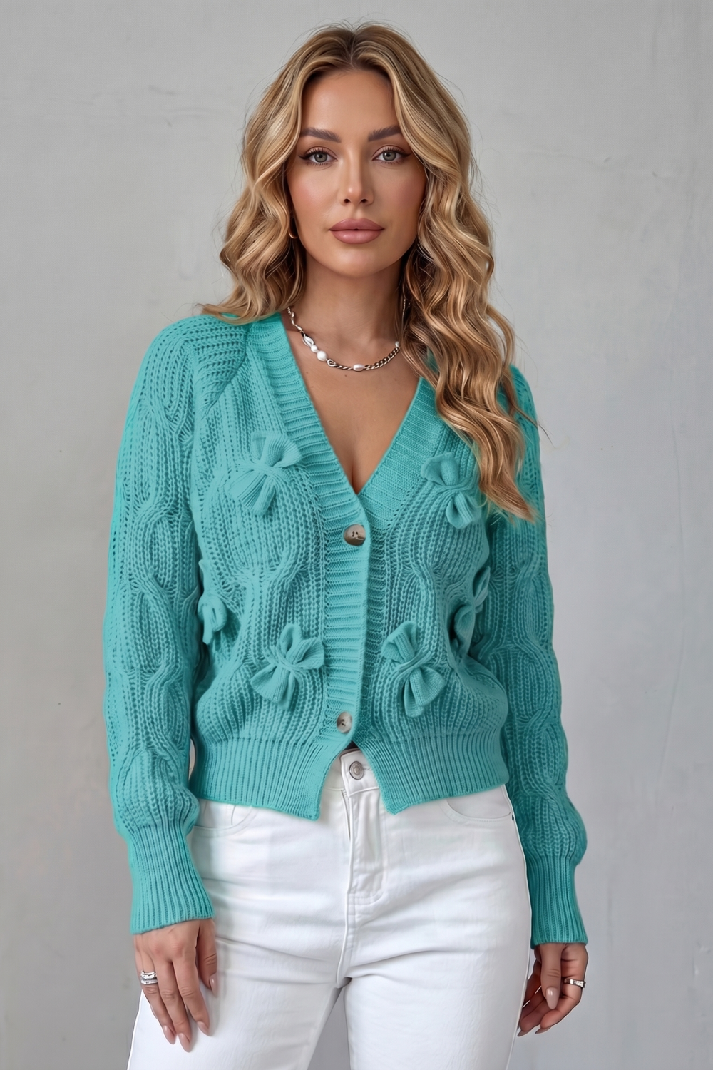 Women's Knitted Bow Cardigan with Button Front - Suvienne