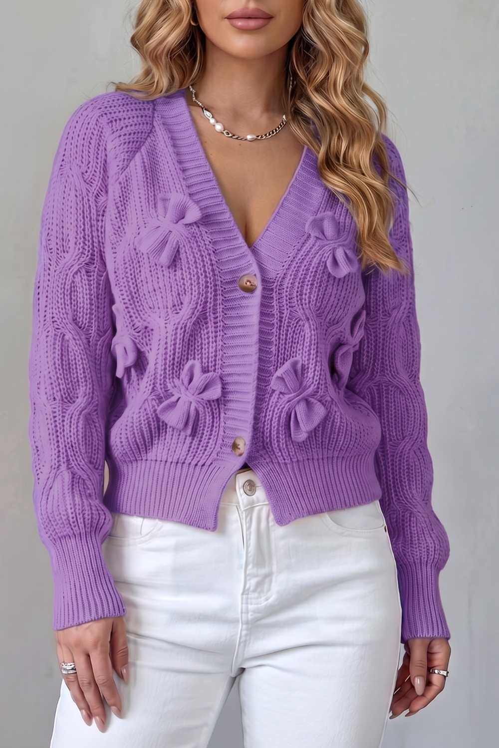 Women's Knitted Bow Cardigan with Button Front - Suvienne
