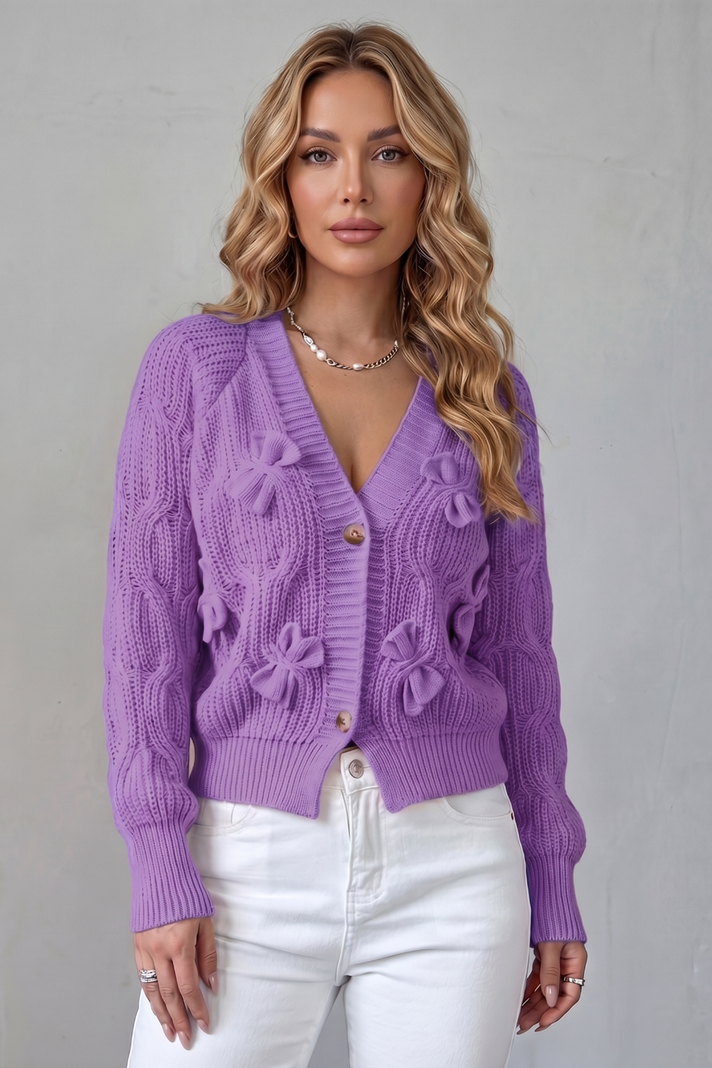 Women's Knitted Bow Cardigan with Button Front - Suvienne