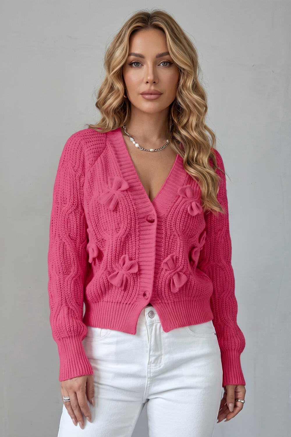 Women's Knitted Bow Cardigan with Button Front - Suvienne