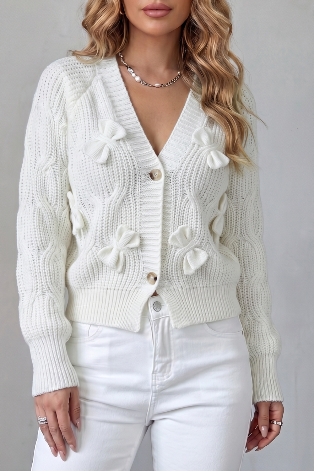 Women's Knitted Bow Cardigan with Button Front - Suvienne