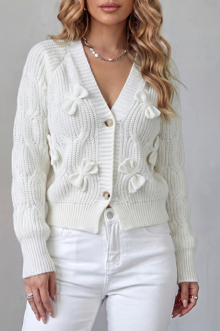 Women's Knitted Bow Cardigan with Button Front - Suvienne