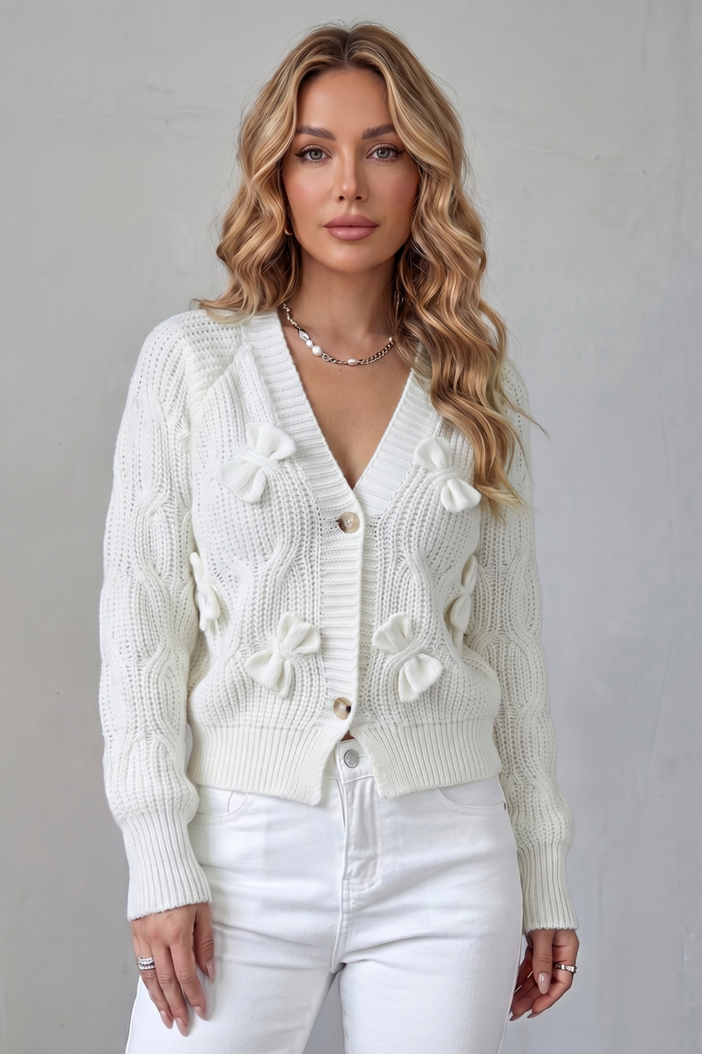 Women's Knitted Bow Cardigan with Button Front - Suvienne