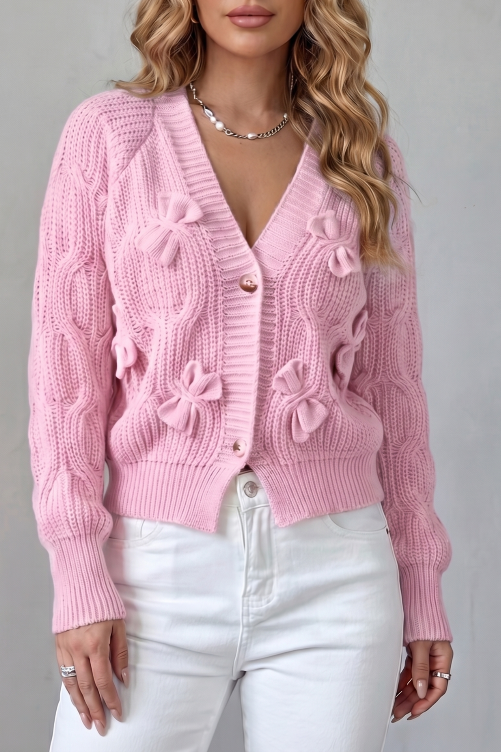 Women's Knitted Bow Cardigan with Button Front - Suvienne