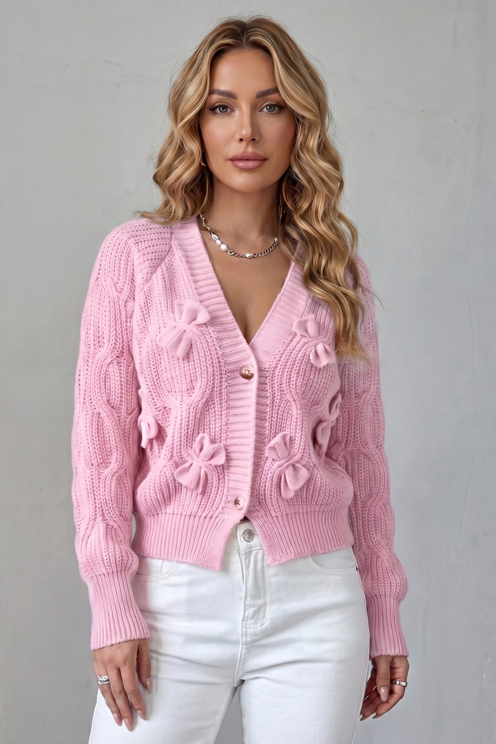 Women's Knitted Bow Cardigan with Button Front - Suvienne