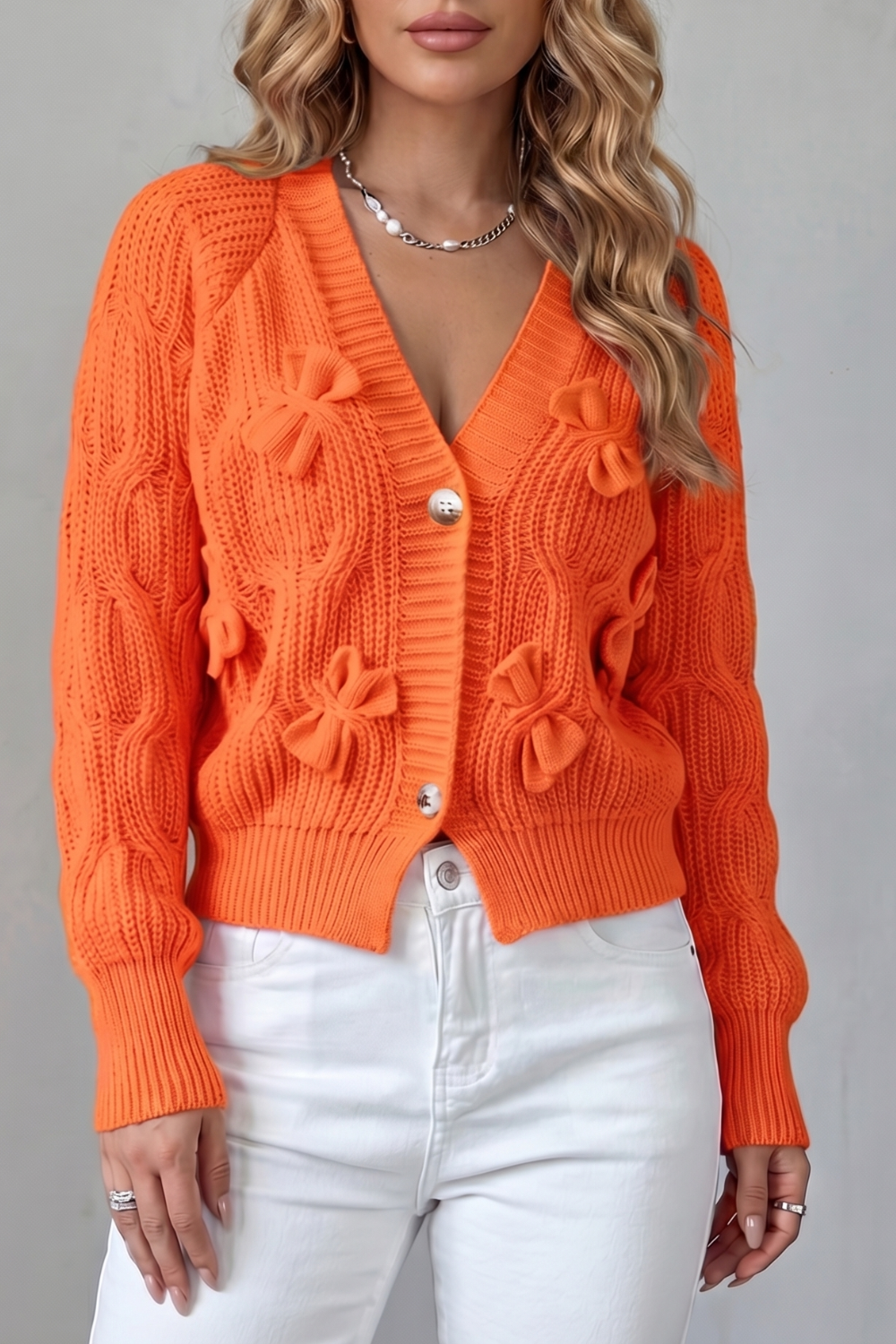 Women's Knitted Bow Cardigan with Button Front - Suvienne