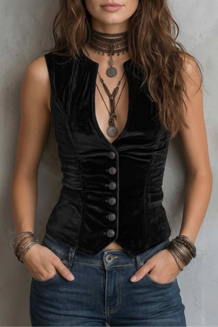 Women's Velvet Waistcoat with Deep V-Neck - Ulyanne