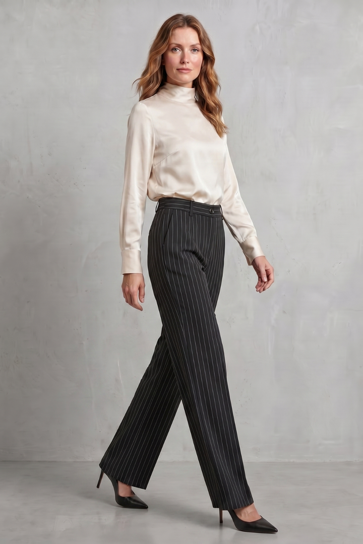 Women's High Waisted Pinstripe Wide Leg Trousers - Néviane