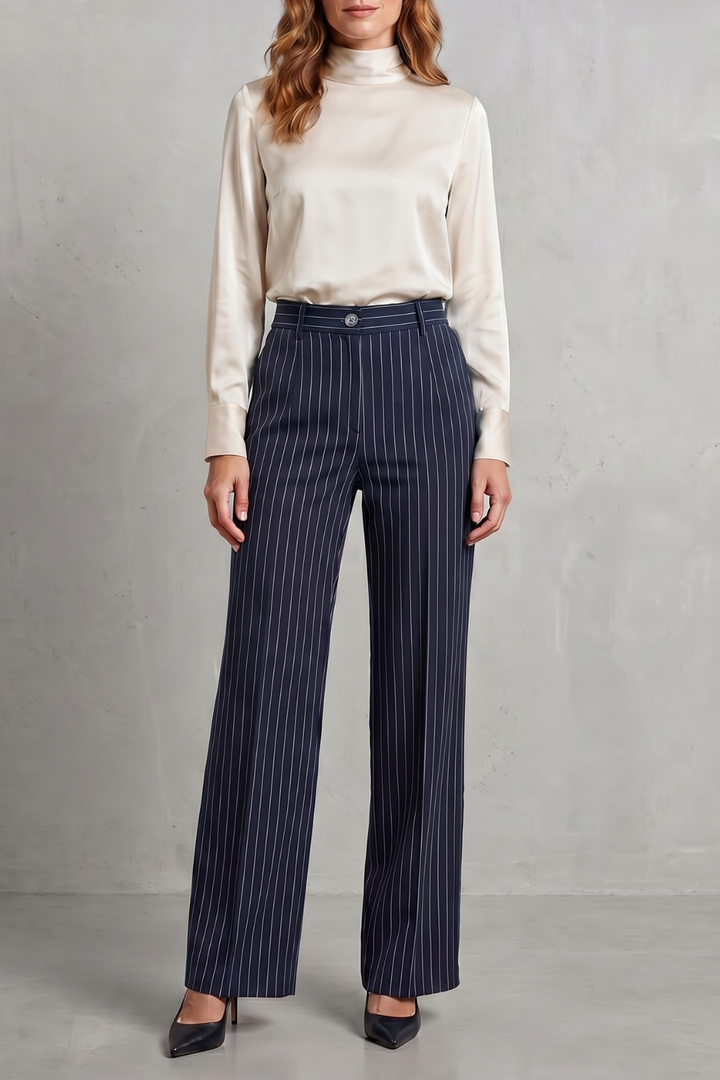 Women's High Waisted Pinstripe Wide Leg Trousers - Néviane