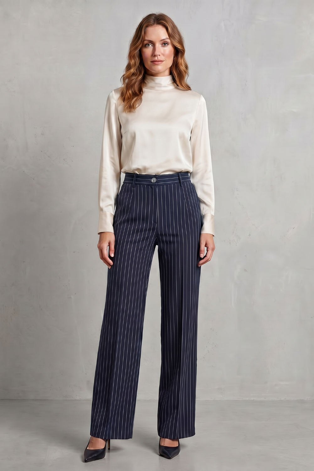Women's High Waisted Pinstripe Wide Leg Trousers - Néviane
