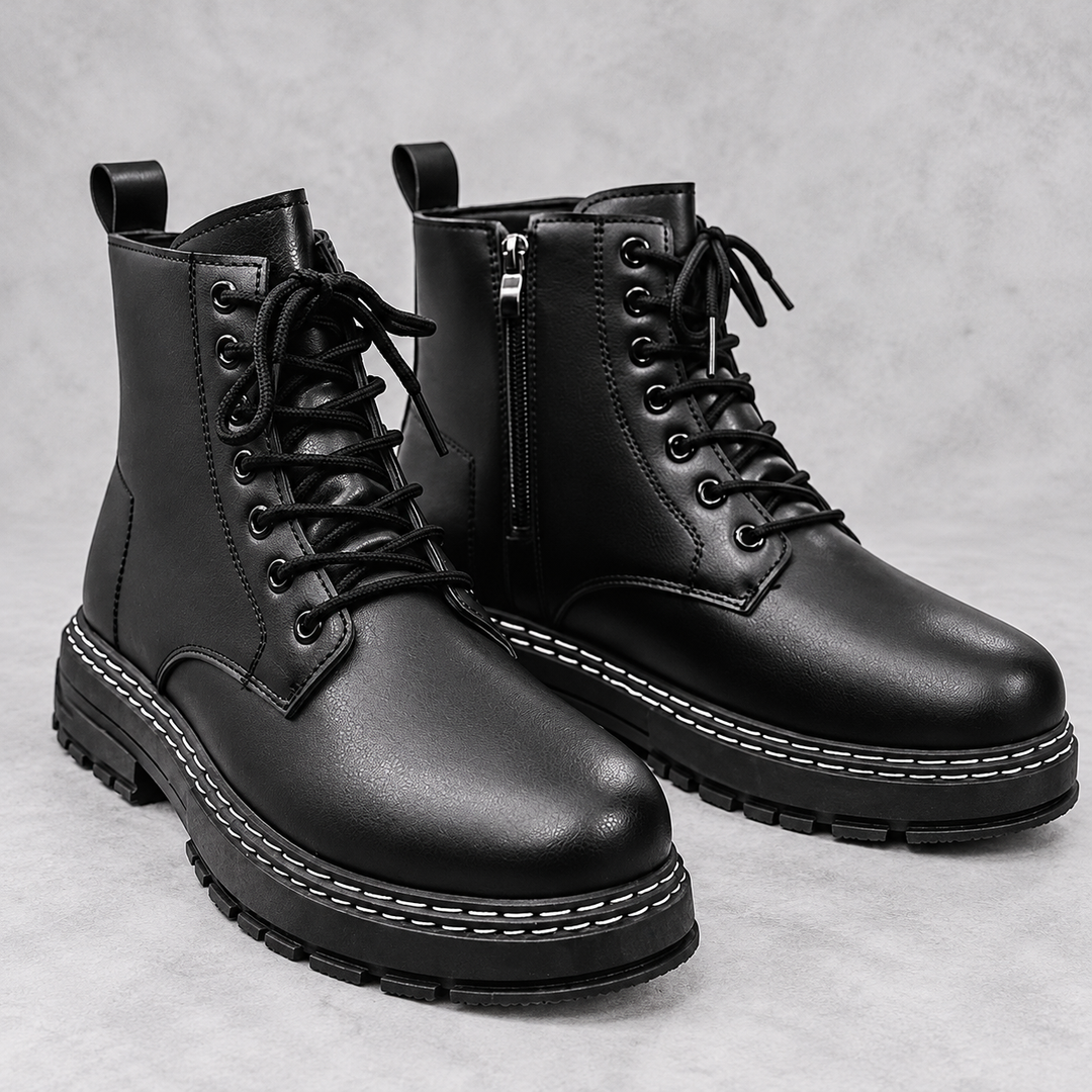 Men's Lace-Up Combat Boots - Esme in Black – side zip view