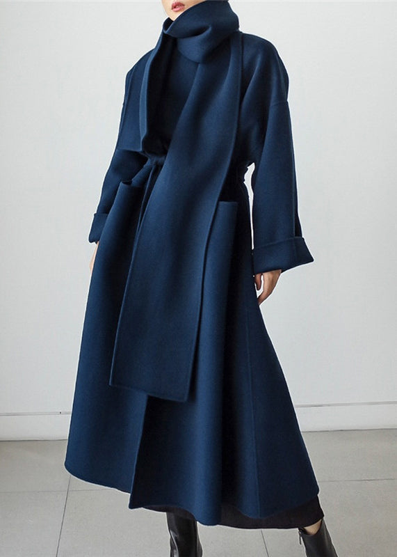 Women's maxi scarf coat Dolly in Navy Blue – front view with scarf draped