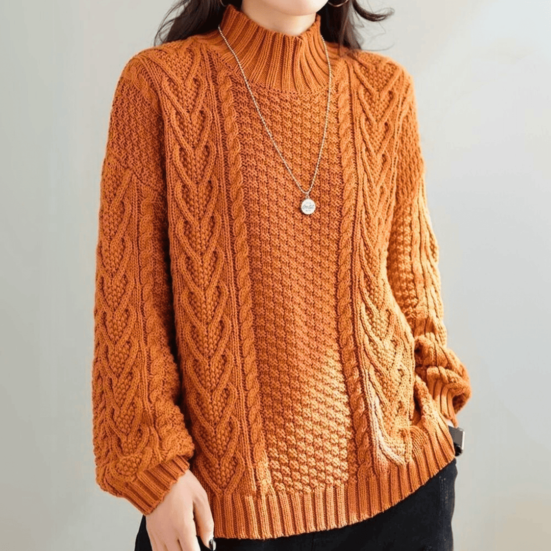 Gail - Women's chunky cable knit mock neck jumper in Rust – front view