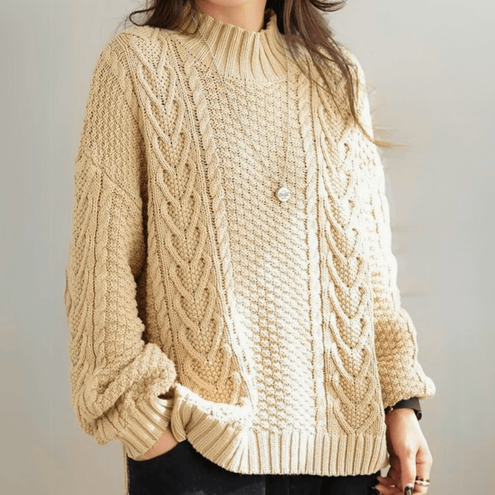 Gail - Women's chunky cable knit mock neck jumper in Sand – product view