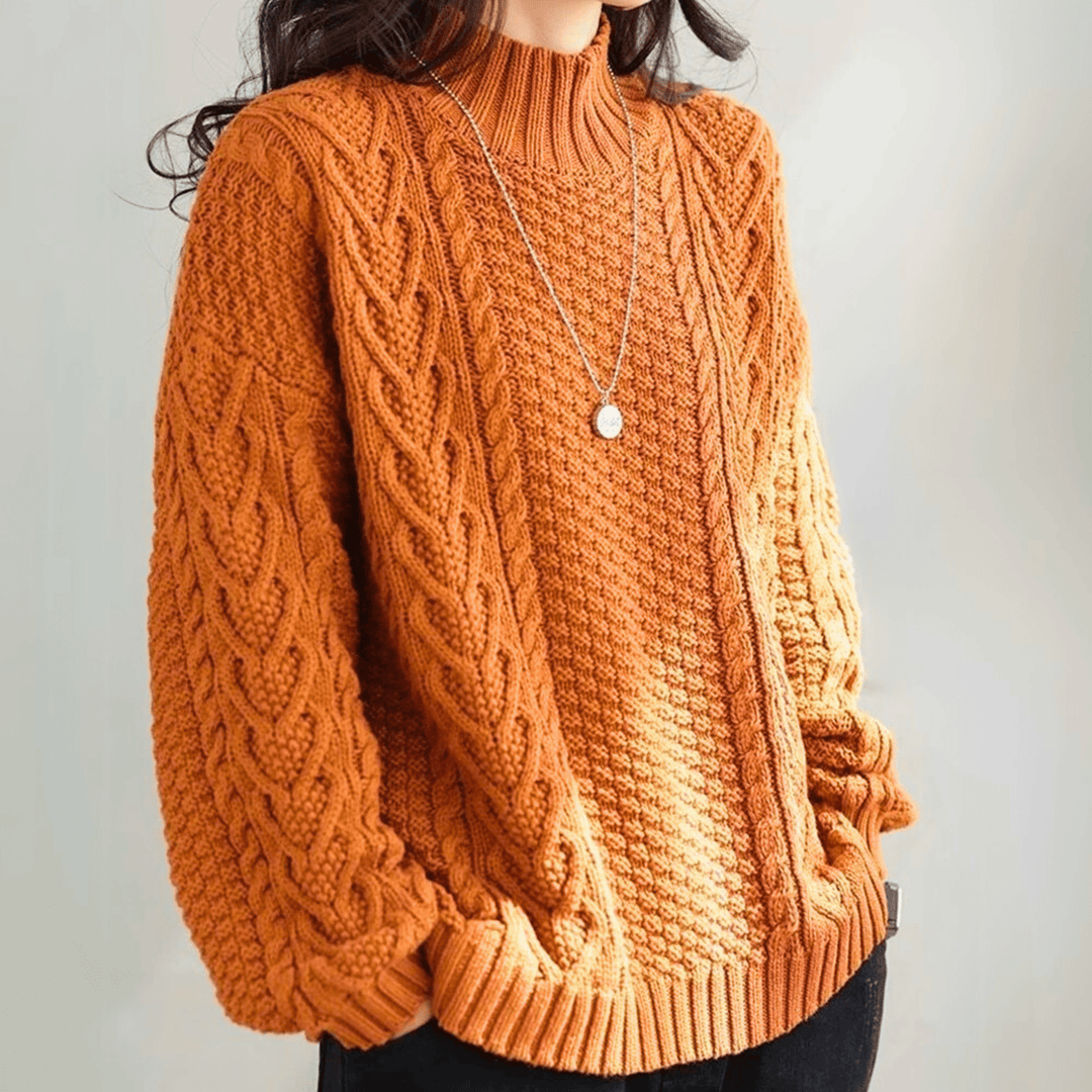 Gail - Women's chunky cable knit mock neck jumper in Rust – front view