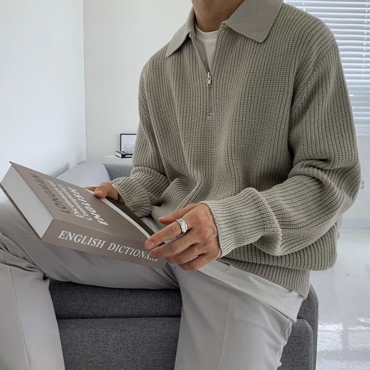 Men's Half Zip Polo Jumper – Ender in Grey, seated close-up