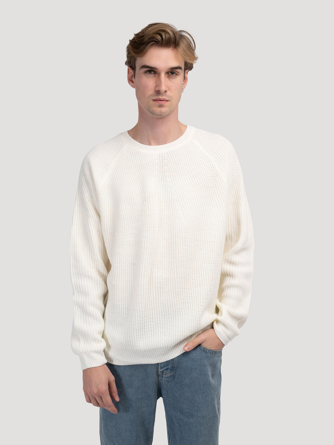 Men's Chunky Ribbed Crew Neck Jumper – Viktor in Off-White, front view