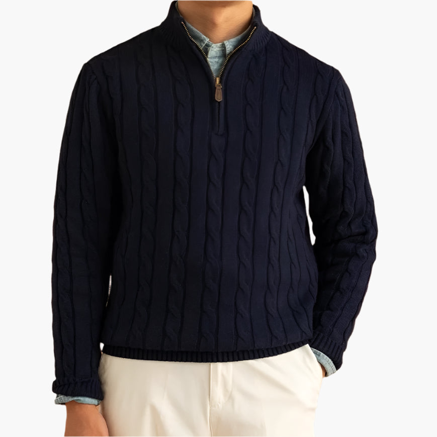 Men's Cable Knit Quarter Zip Jumper – Axiom in Navy, front view