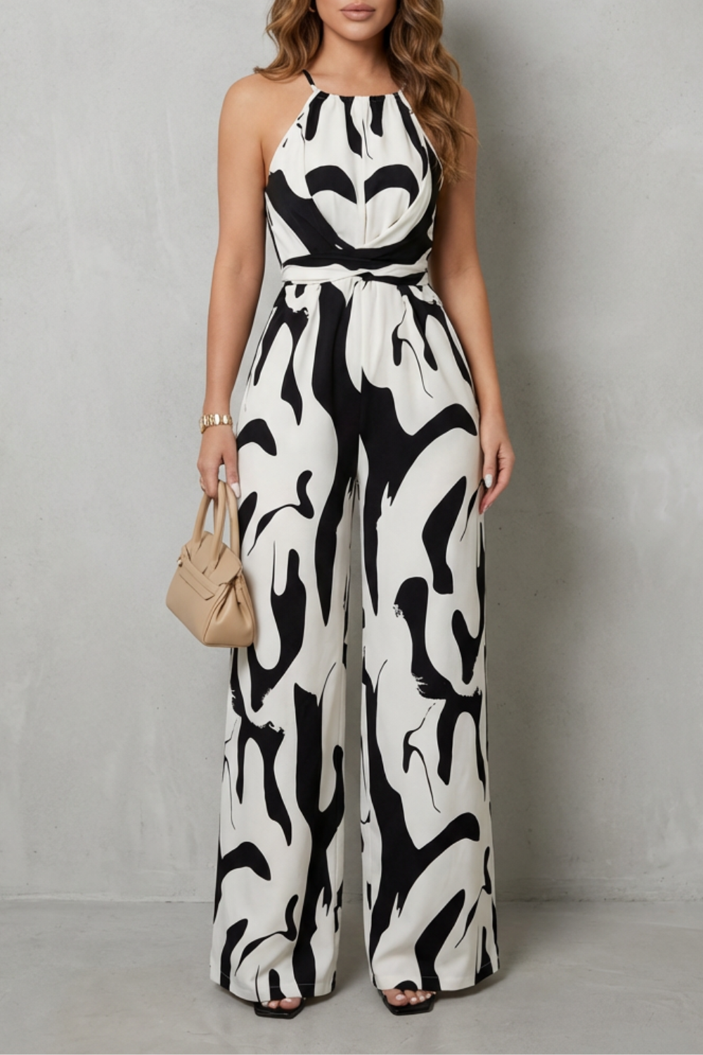 Women's Halter Neck Wide Leg Jumpsuit in Abstract Print - Iveline