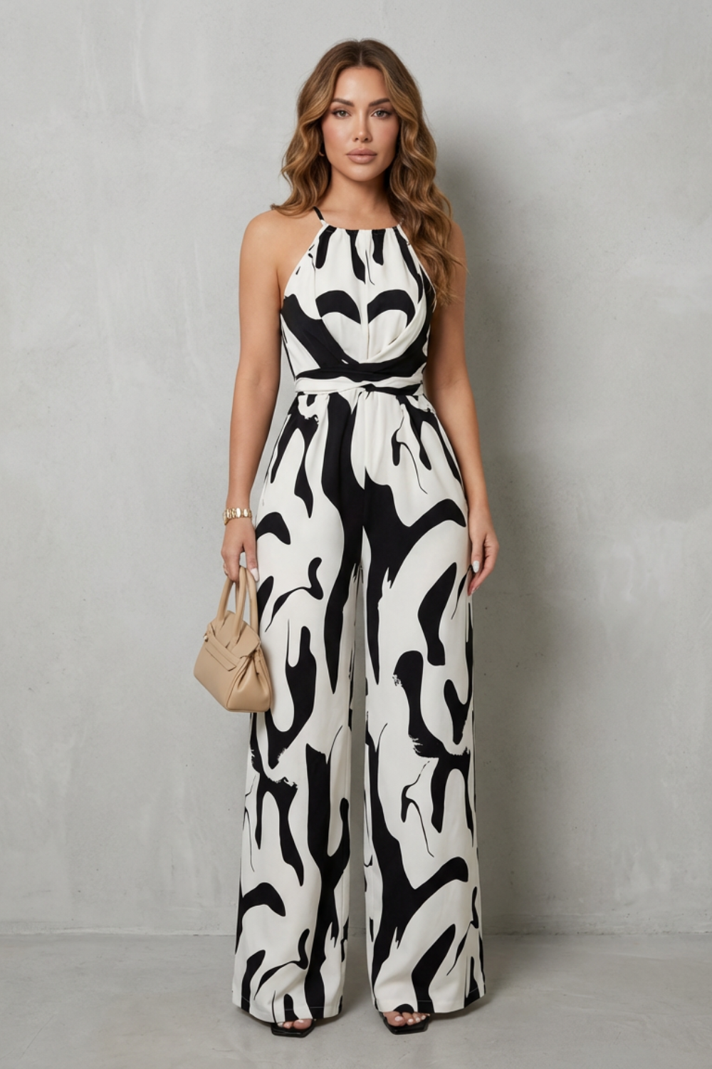 Women's Halter Neck Wide Leg Jumpsuit in Abstract Print - Iveline